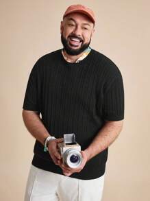 EASEVO Plus Size Men's Slim Fit Cable Knit Black Crew Neck Short Sleeve Sweater, School, For Fall Winter