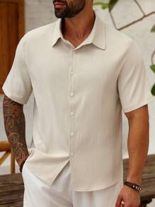 ResortEase 大码男士休闲纯色短袖单排扣衬衫，夏季 - 杏色 - 查看 6