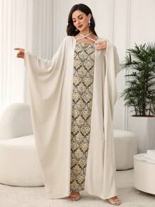 SHEIN Najma 复古印花拼布蝙蝠袖交叉领带宽松保守长裙，端庄的卡夫坦 - 彩色 - 查看 4