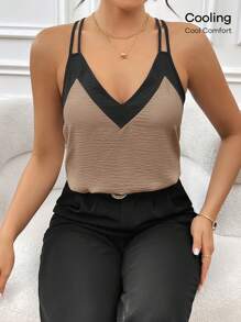 SHEIN Privé 女士黑白撞色肩带背心，适合日常穿着和度假 - 杏色 - 查看 6