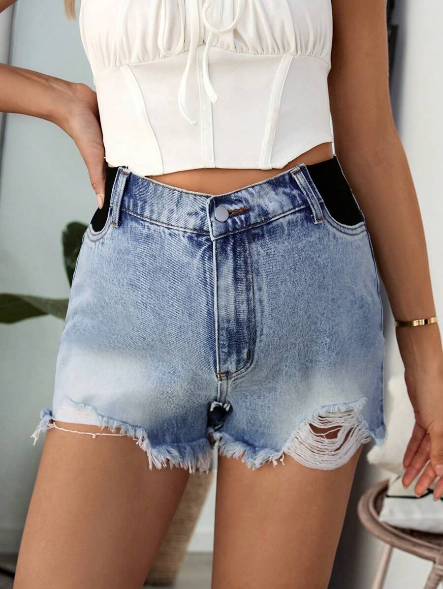 SHEIN Maternity Frayed Hem Casual Shorts, Suitable For Summer - Blue - View 1