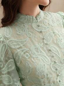 Anewsta Đầm thanh lịch thêu hoa tay đèn lồng cổ đứng mùa thu cho nữ - màu xanh lá - Xem 4