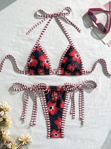 SHEIN Swim Women Floral Drawstring Bikini Set, Sexy Beachwear Bikini Set For Beach, Sunbathing, Swimming Pool Party For Summer Beach Vacation