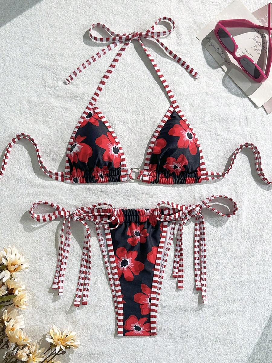 SHEIN Swim Women Floral Drawstring Bikini Set, Sexy Beachwear Bikini Set For Beach, Sunbathing, Swimming Pool Party For Summer Beach Vacation