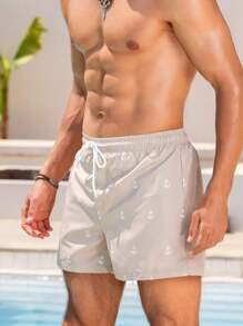 Manfinity VDAYZ Men's Anchor Print Drawstring Waist Beach Shorts, Hawaiian Men Swim Trunks Matching Beach Outfits For Man, Beige Swim Trunks, Men Beachwear, Mens Swim Trunk Matching, Manfinity Vdayz Swim Trunks, Tan Pajama Shorts For Men