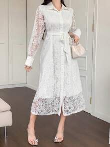 DAZY 1pc Women's Lace Collar Belted Mid-Length Solid Color Long Sleeve Dress,Fall Dress Maxi Dress - Beige - View 3