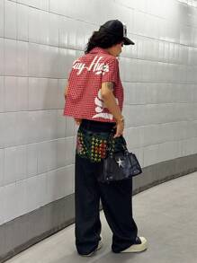 StreetHx Printed Casual Street Style Check Short Sleeve Blouse For Women - Red - View 4