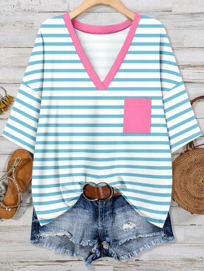 EMERY ROSE Casual Minimalist Light Blue & Pink Stripe Print Plus Size T-Shirt, Suitable For Summer Beach Vacations