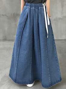 FRIFUL 女式夏季蓝色阔腿宽松牛仔长裙牛仔裙 - 藍色 - 查看 6