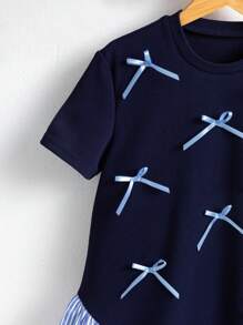 Tween Girls Casual Striped Patchwork Bow Decor Summer Dress Casual Dress For Girls Casual Dresses For Girls Casual Dress For Kids Kids Dress Casual Casual Dress For Young Girls