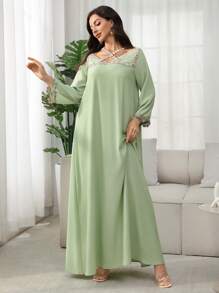 Al Najma Women's Romantic Modest Elegant Arabic Style Dress With Criss-Cross Lace Trim, Spring/Summer Full Length Jalabiya - Mint Green - View 3