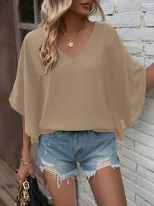 EMERY ROSE 女式纯色 V 领蝙蝠袖短袖宽松休闲衬衫，夏季