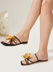 CUCCOO CHICEST Women's Iris Flower Strap Criss-Cross Square Toe Flat Sandals, Elegant Casual Black & Gold Faux Leather Ladies Summer Beach Flip Flops, Suitable For Afternoon Tea, Vacation, Beach, Hawaii - Black - View 7