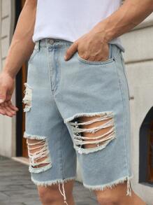 Manfinity VCAY Short en jean déchiré et effiloché décontracté pour homme - Bleu azur - Voir 5