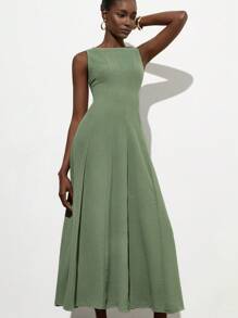 Aveloria Modichic French Simple Elegant Elegant Dress, Vertical Split Design Fit & Flare Sleeveless Dress For Women - Green - View 2