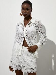 Aveloria Modichic New French Style Vacation Elegant Women Retro Refined Luxe Loose Lace Fabric Shirt With Collar Matched Loose Shorts 2Pcs Set - White - View 1