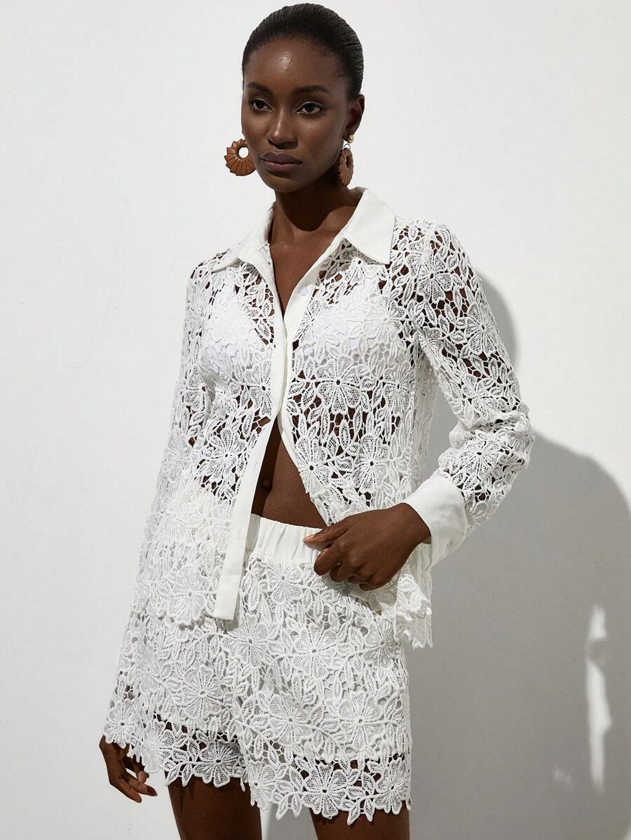 Aveloria Modichic New French Style Vacation Elegant Women Retro Refined Luxe Loose Lace Fabric Shirt With Collar Matched Loose Shorts 2Pcs Set - White - View 1