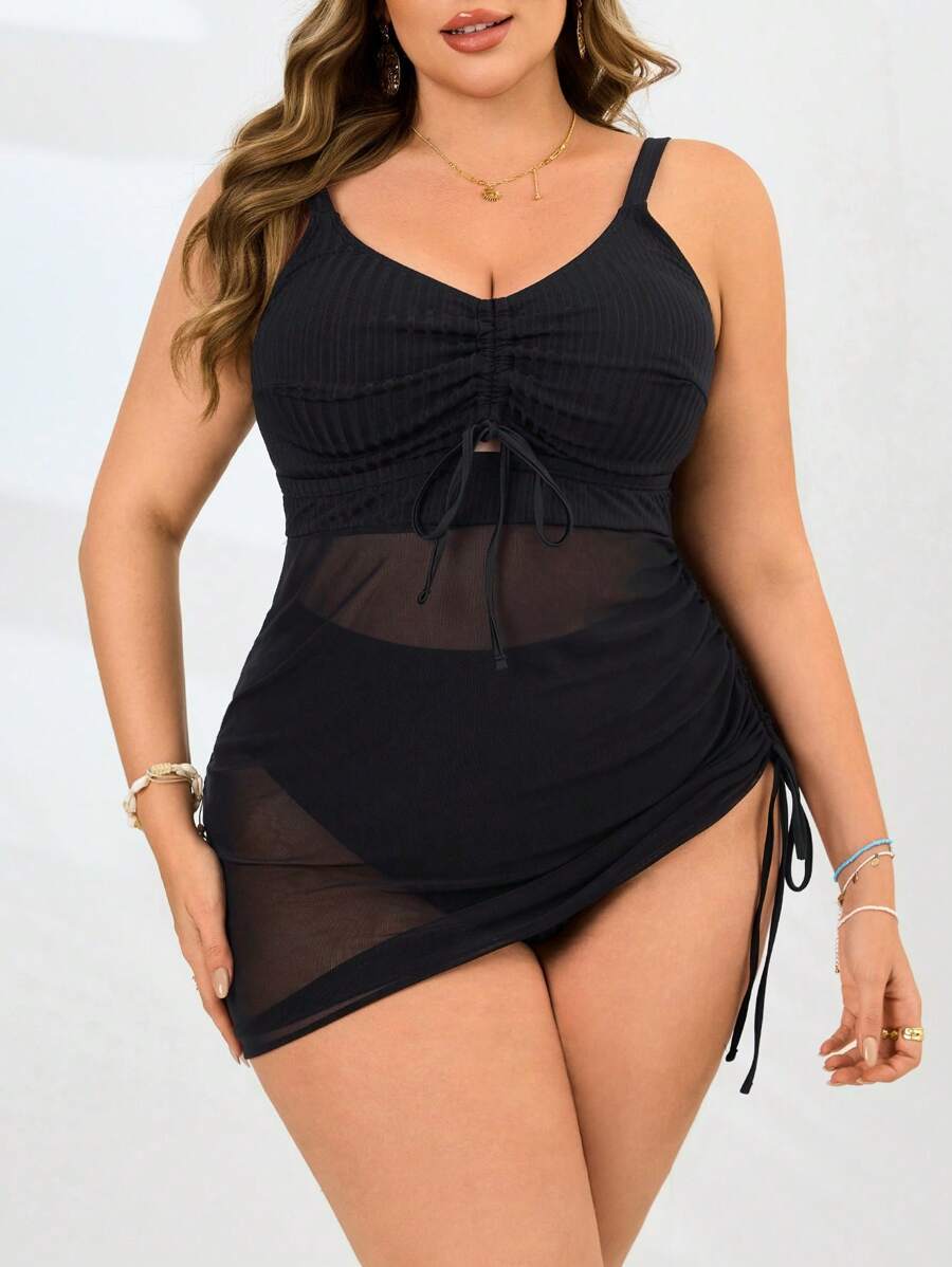 SHEIN Swim Curve 加大码女式两件套纯色黑色系带可调节肩带吊带背心搭配纯色网眼覆盖泳裙，简约优雅，适合日常、度假，修身高腰三角底沙滩泳衣 - 黑色 - 查看 1