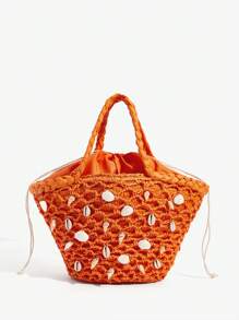 SHEIN SXY 女士手提包，时尚，优雅，简约，个性，多功能，草编包，贝壳，海螺，适合海滩，度假，节日，夏季，海边 - 橘色 - 查看 3