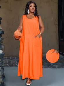 Maweii Plus Size Women's Summer Solid Color Sleeveless Top Dress With Pockets Maxi Women Outfit