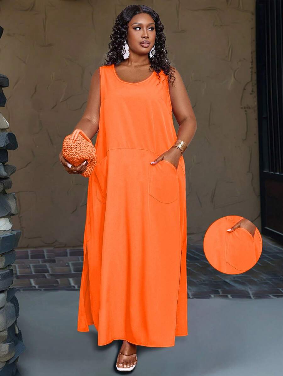 Maweii Plus Size Women's Summer Solid Color Sleeveless Top Dress With Pockets Maxi Women Outfit
