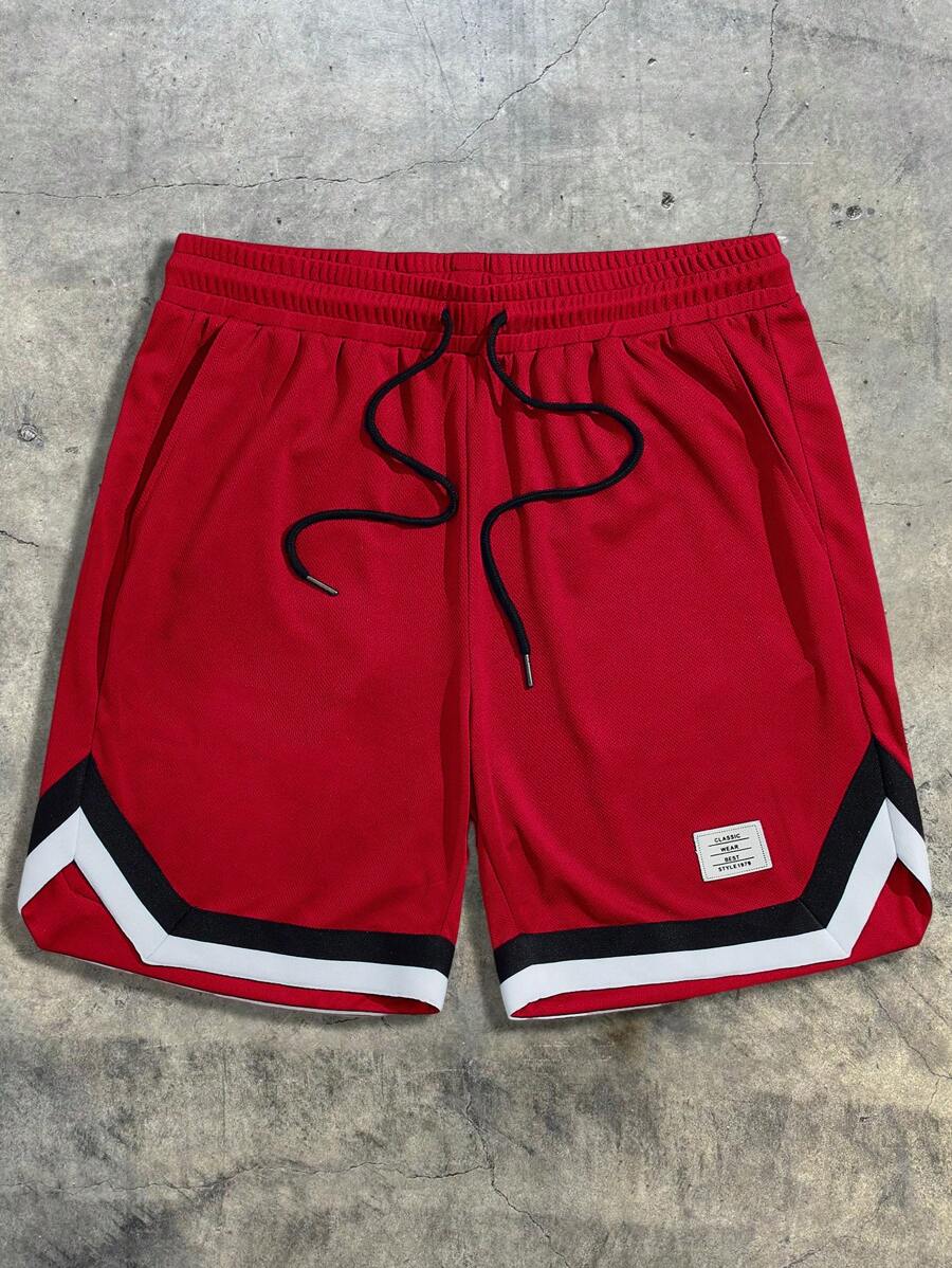 AXEPEAK Men Letter Patched Drawstring Waist Shorts, School, Streetwear Style - Red - View 1