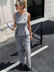 Siren Gaze 女士优雅两件套无袖圆领双排扣上衣和加长梭织面料裤子（浅灰色） - 灰色 - 查看 6