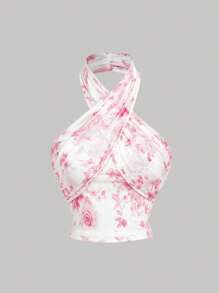 SHEIN MOD 性感腰部收紧珊瑚粉色花卉印花露背吊带夏季上衣