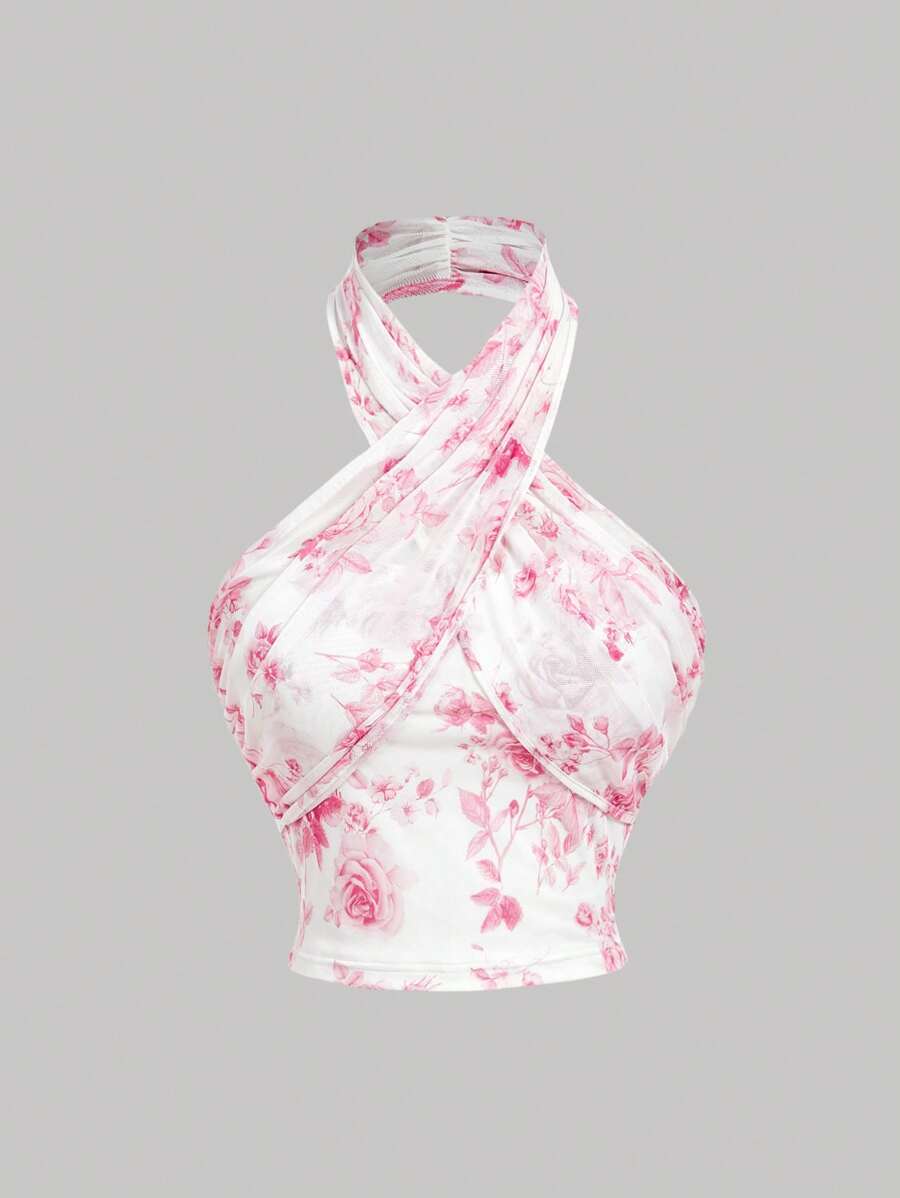 SHEIN MOD 性感腰部收紧珊瑚粉色花卉印花露背吊带夏季上衣