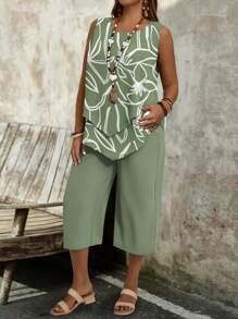 EMERY ROSE 2pcs/Set Plus Size Women Casual Vacation Green Stripe & Floral Print Set, Suitable For Summer Vcay Women Summer Sets,Vacation Outfits Woman,2 Pieces Summer Outfit Fall Clothes