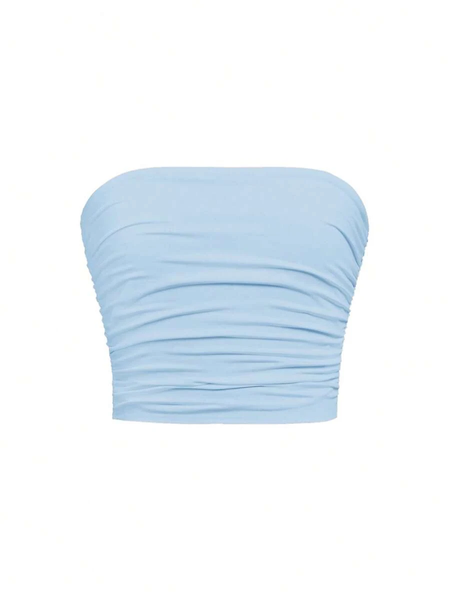 SHEIN Top sin tirantes de tubo elástico ajustado con fruncidos minimalista y cómodo para niña preadolescente
