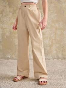 Ontre 青少年女孩休闲百搭简约纯色喇叭裤 - 杏色 - 查看 4