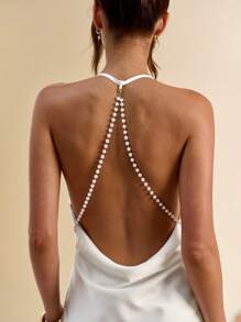 SHEIN BAE 女式夏季白色纯色露背摆领后背珍珠链装饰迷你连衣裙，毕业季，白色连衣裙/女士夏季连衣裙/舞会礼服/毕业礼服/婚礼宾客礼服