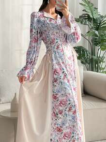 Al Najma 女式立领侧系带花卉印花端庄优雅土耳其和阿拉伯风格长裙，春夏 - 彩色 - 查看 1