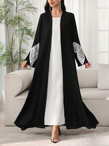Al Najma 女士春夏优雅朴素的长袍，蝴蝶袖装饰，时尚又有型 - 黑色 - 查看 4