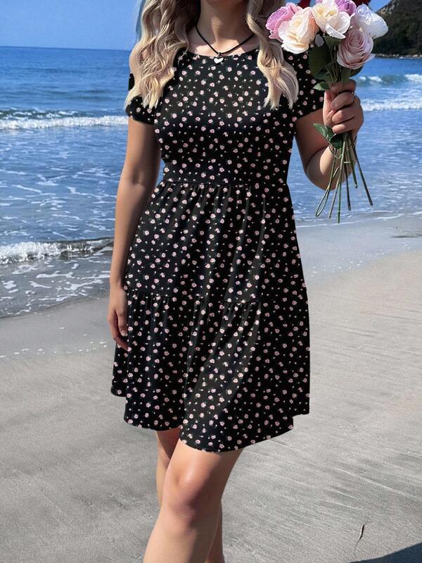Veykashi Plus Size Floral Print Round Neck Summer Casual Short Sleeve Dress