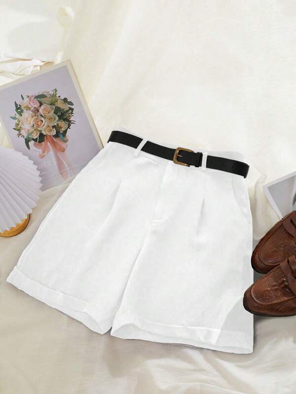 INAWLY Women's Solid Color Pleated Casual Versatile Shorts