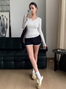 DAZY Maglietta a maniche lunghe trasparente basic con collo tondo e vestibilità slim, da donna
