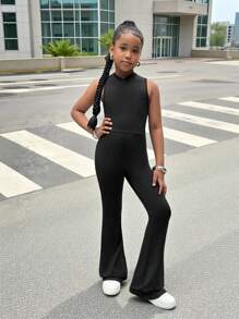 SHEIN Tween Girls Half Zip Sleeveless Jumpsuit Black Jumpsuit, Back To School Season,Mommy And Me Matching Outfits - Black - View 6