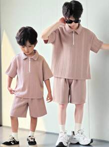 SHEIN 2pcs Tween Boy Pink Summer Casual Vacation Textured Polo Shirt With Collar & Zipper,And Shorts Outfit Set,Comfortable For Outdoor,Street Photography - Khaki - View 1