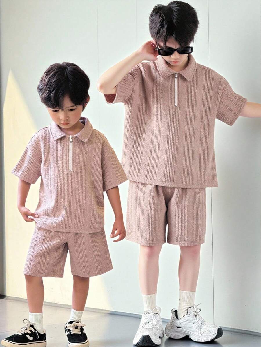 SHEIN 2pcs Tween Boy Pink Summer Casual Vacation Textured Polo Shirt With Collar & Zipper,And Shorts Outfit Set,Comfortable For Outdoor,Street Photography - Khaki - View 1