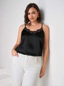 Chikora Plus Size Ladies Elegant Textured Solid Color Lace Splicing Cami Top, Silky Satin Fabric, Suitable For Daily Wear, Fashionable, Simple And Versatile, Summer Outfits For Women,Cami Top,Satin Top,Lace,Black,Summer Outfits For Women,Summer Tops Women - Black - View 6