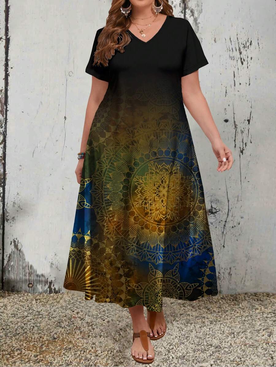 EMERY ROSE Plus Size Women's Casual Simple V-Neck Short Sleeve Maxi Dress, Suitable For Summer,Sundress - Multicolor - View 1