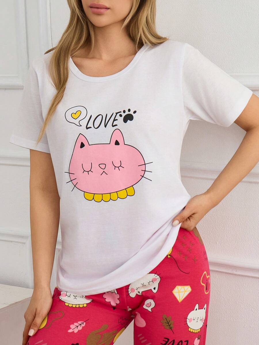 EURMUSE 2 pièces ensemble de pyjama coton femme avec haut imprimé chat mignon à manches courtes et pantalon à motif chat contrastant