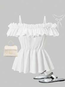 SHEIN 少女荷叶边露肩吊带背心衬衫