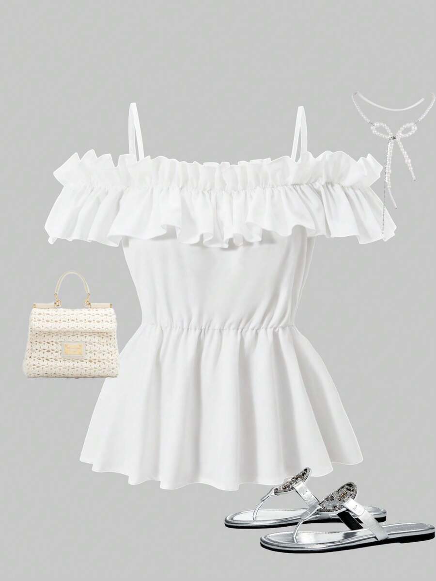 SHEIN 少女荷叶边露肩吊带背心衬衫