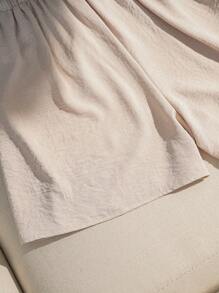 Omancia 2pcs Women Linen-Like Texture Faux Wood Button Front Sleeveless Shirt And Shorts Casual Set - Orange - View 8