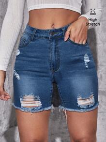 Flexra Ripped Raw Hem Denim Shorts - Dark Wash - View 6