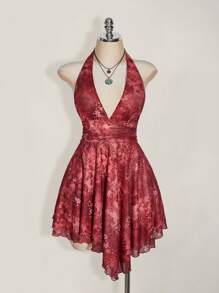 SHEIN ICON Plus Size Halter V-Neck Knitted Mesh Paisley Print Dress, Asymmetric Hem Halter Backless Tie Dress, Y2K, Summer Vacation, Boho Chic,Club Outfits Women Sexy