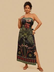 Travachic 大码假日休闲热带彩色棕榈树印花不对称肩部镂空抽绳腰部针织连衣裙，性感夏日海滩度假